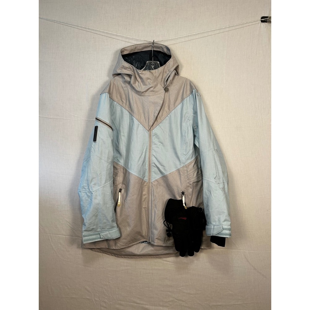 Oakley Womens XL Regular Fit Hooded Ski Jacket Blue Tan Chevron & Selma Gloves